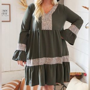 Olive Green Cheetah Print Detail Ruffle Hem Plus Size Dress, New, 1X - 2X